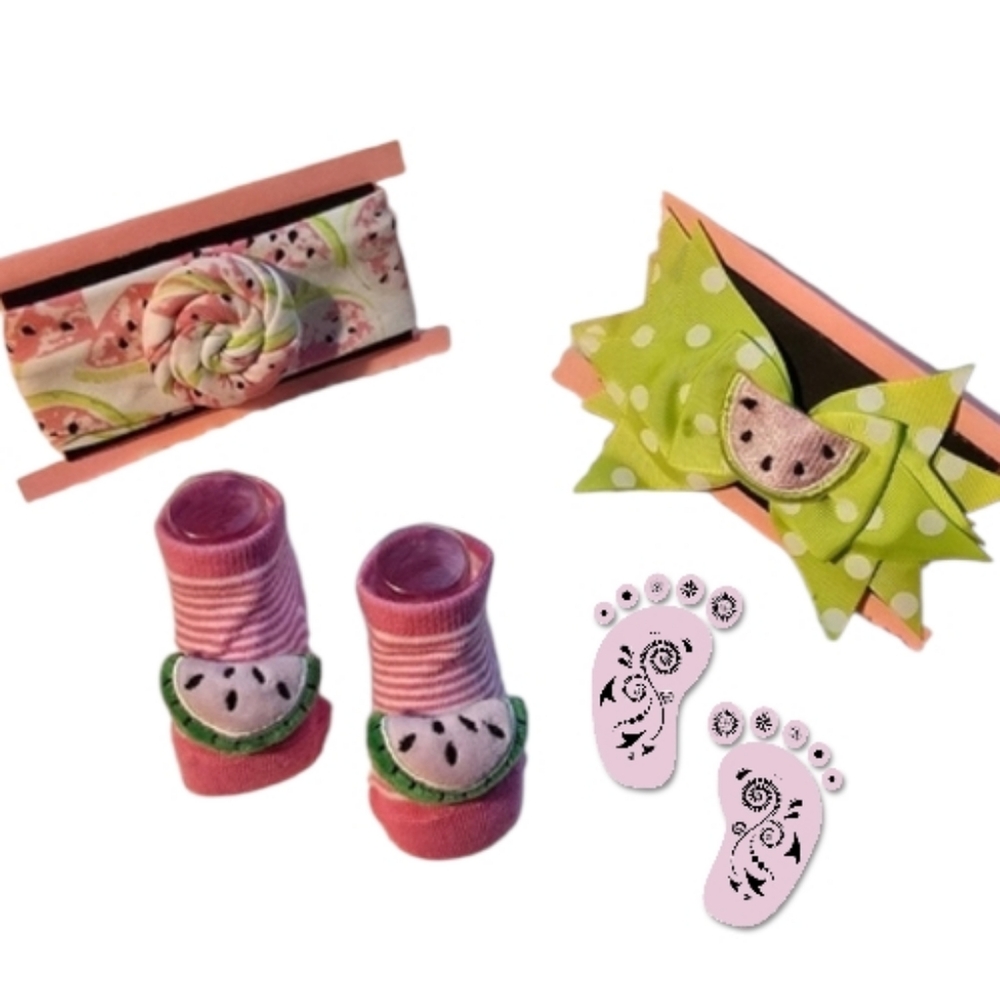 Watermelon Rattle Booties and Headbands Set